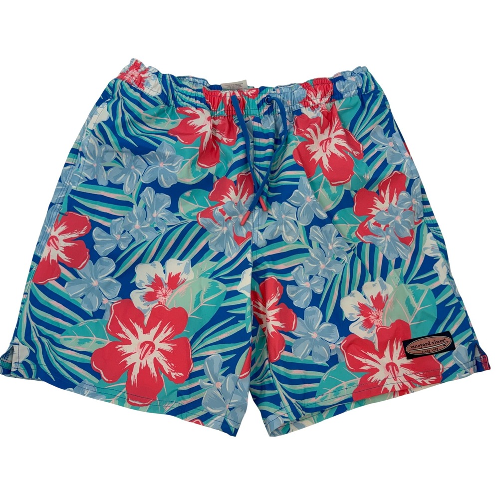 Vineyard Vines Mens Floral Tropical Swim Trunks Blue Pink Size Small 7in Inseam